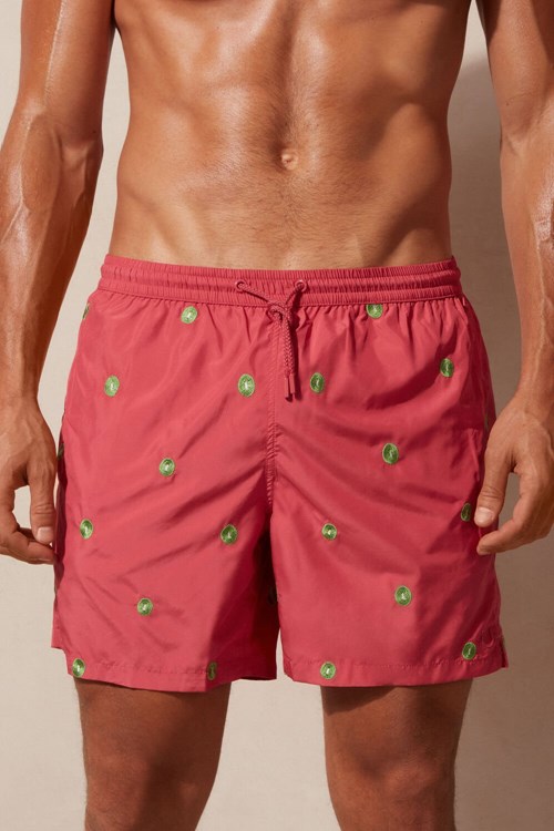 Red - 259j - Dark Pink Kiwi Embroidery Intimissimi Embroidered Kiwi Swim Trunks | SADR-59612