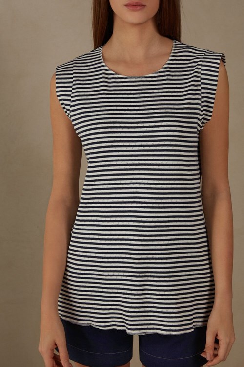 Stripes - 900i - Ecru Beige / Blue Intimissimi My Comfort Zone Sleeveless Top in Perforated Cotton | HETP-36790