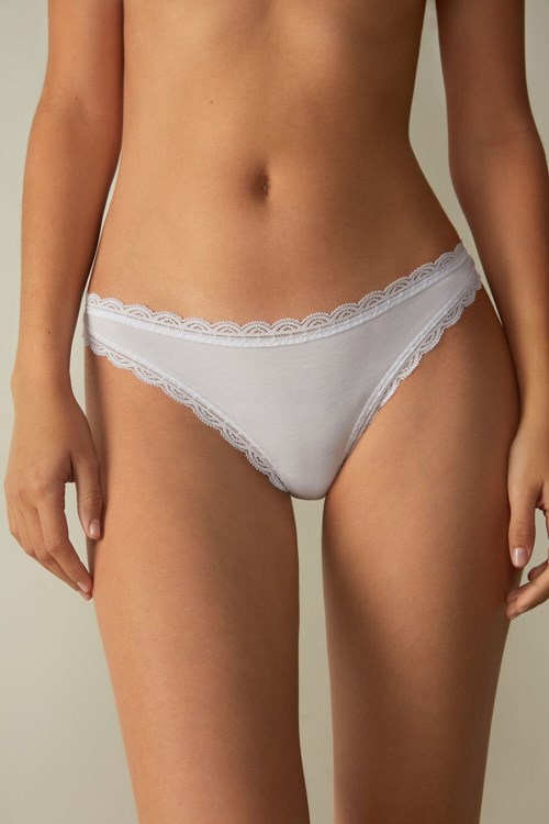 White - 001 - White Intimissimi Cotton and Lace Brazilian | AOTB-48609