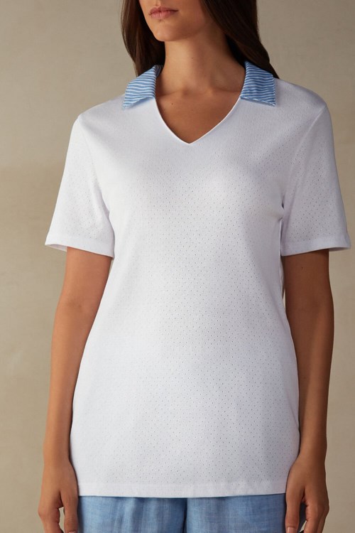 White - 001 - White Intimissimi Early in the Morning Cotton Cloth Short Sleeve Top | MZJH-96240