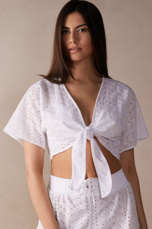 White - 001 - White Intimissimi Hello Sunshine Sangallo Lace Tie-Front Top | KBCH-10284