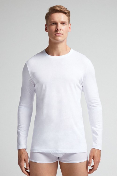 White - 001 - White Intimissimi Long-Sleeve Supima® Cotton Top | HGUL-14698