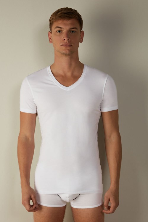 White - 001 - White Intimissimi V-neck T-shirt in Stretch Supima® Cotton | PRZC-08591