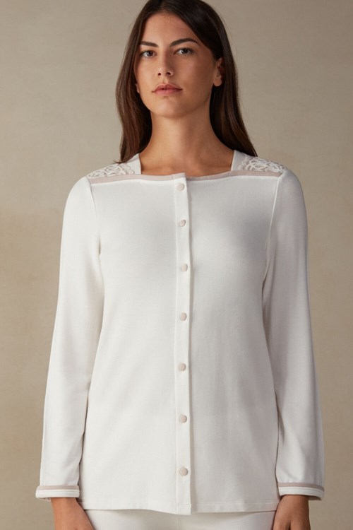 White - 157j - Powder White / Dusty Pink Intimissimi Romantic Bedroom Button Up Top in Modal with Wool | ERIZ-26895