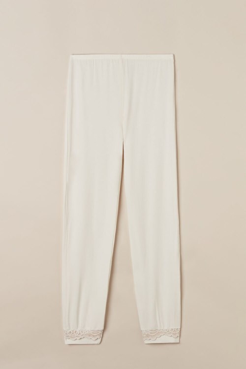 White - 157j - Powder White / Dusty Pink Intimissimi Romantic Bedroom Cuffed Full Length Pants in Modal with Wool | VWJO-90762