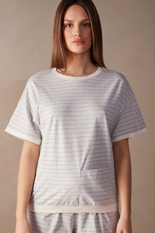 White - 224j - Heather Gray / Vanilla Beige Stripe Intimissimi Casual Sunday Short Sleeve Top | GMTS-24683