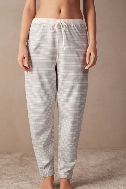 White - 224j - Heather Gray / Vanilla Beige Stripe Intimissimi Casual Sunday Full Length Pants | XCFM-36574