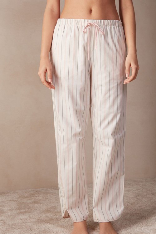 White - 225j - Ecru Beige / Pink Stripe Intimissimi Soft Spring Full Length Cotton Cloth Pants | HFXC-85432