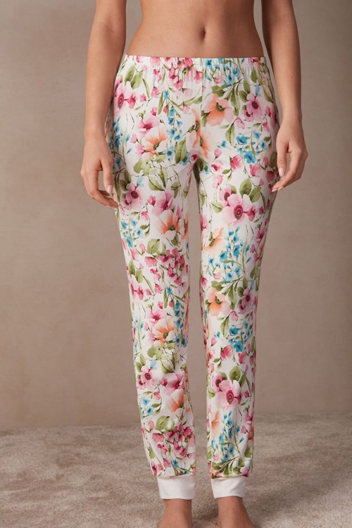 White - 229j - Small Botanical Lyrics Print Intimissimi Botanical Lyrics Full Length Modal Pants | HCXV-71685