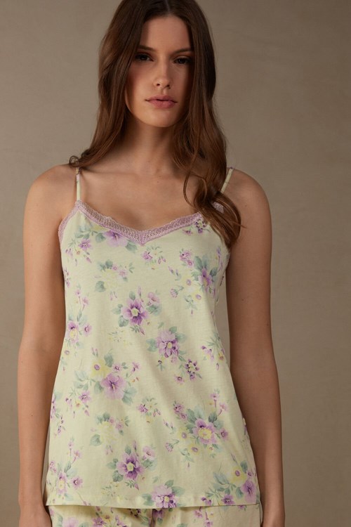 Yellow - 870i - Pastel Yellow Floral Print Intimissimi Flower Power Top in Supima® Ultrafresh Cotton | FPWU-07584