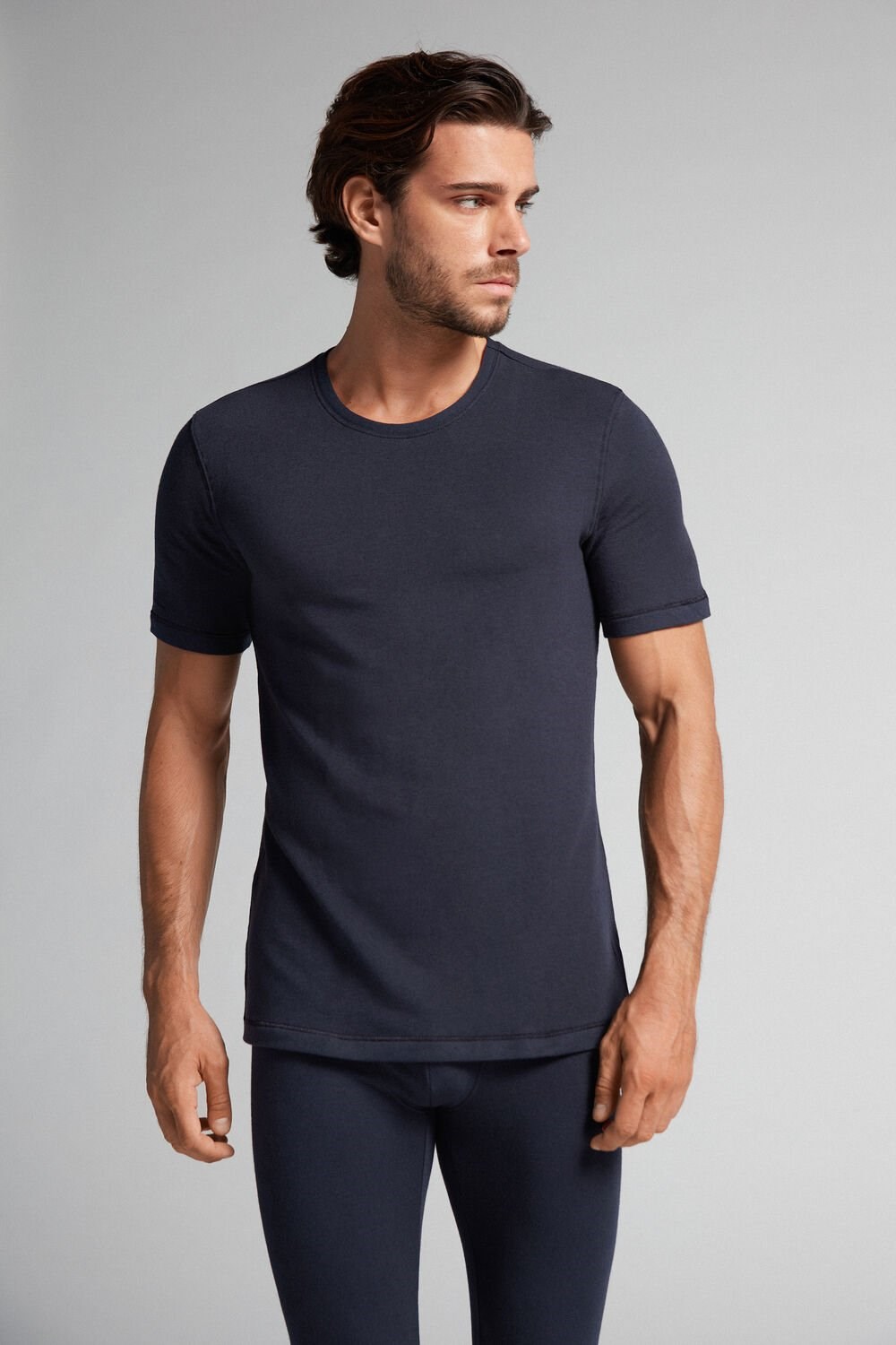 800 - Midnight Blue Intimissimi Short-Sleeve Modal-Cashmere Top | UVON-79165