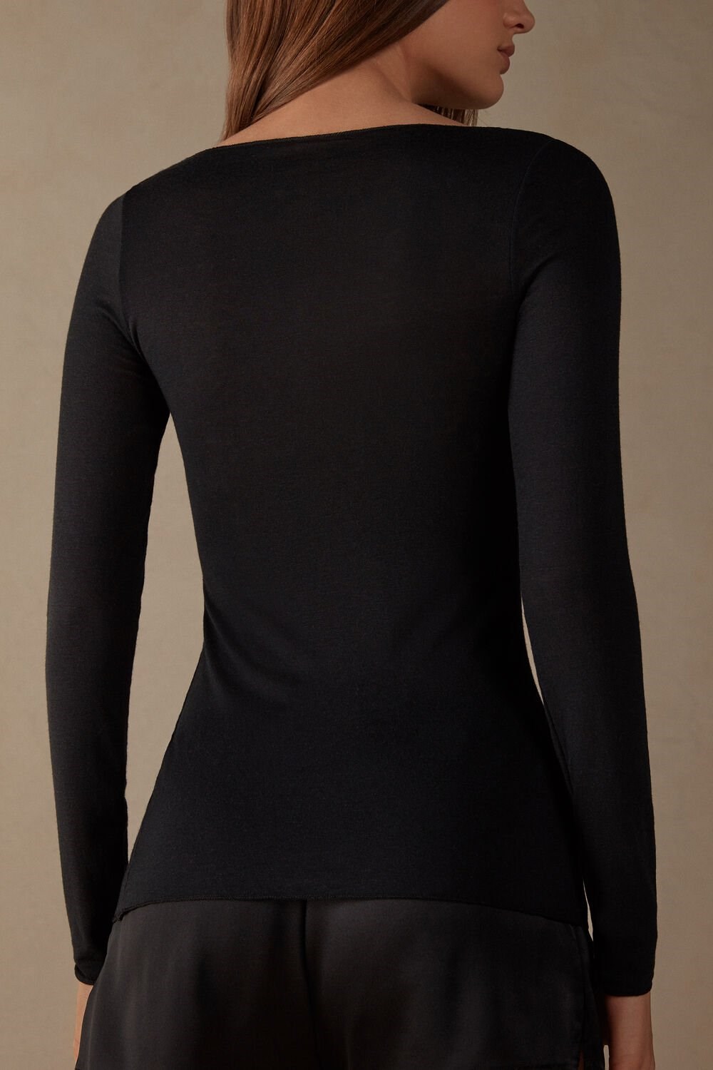 Black - 019 - Black Intimissimi Boat Neck Modal Cashmere Ultralight Top | TDLY-24380