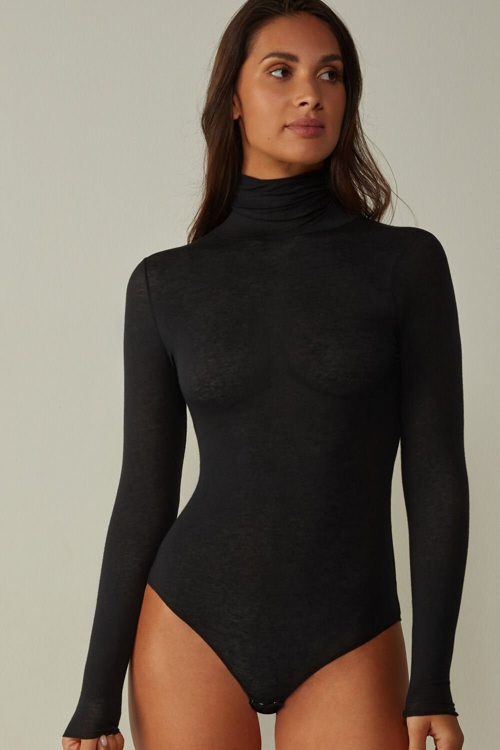 Black - 019 - Black Intimissimi High Collar Bodysuit in Modal Ultralight with Cashmere | MWCP-65314