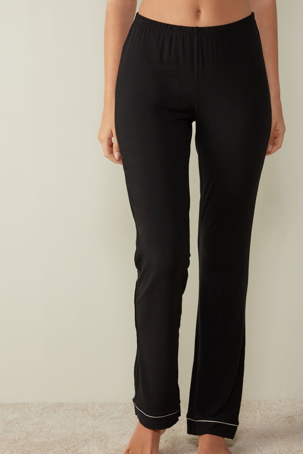 Black - 019 - Black Intimissimi Long Micromodal Trousers | TQKI-87509