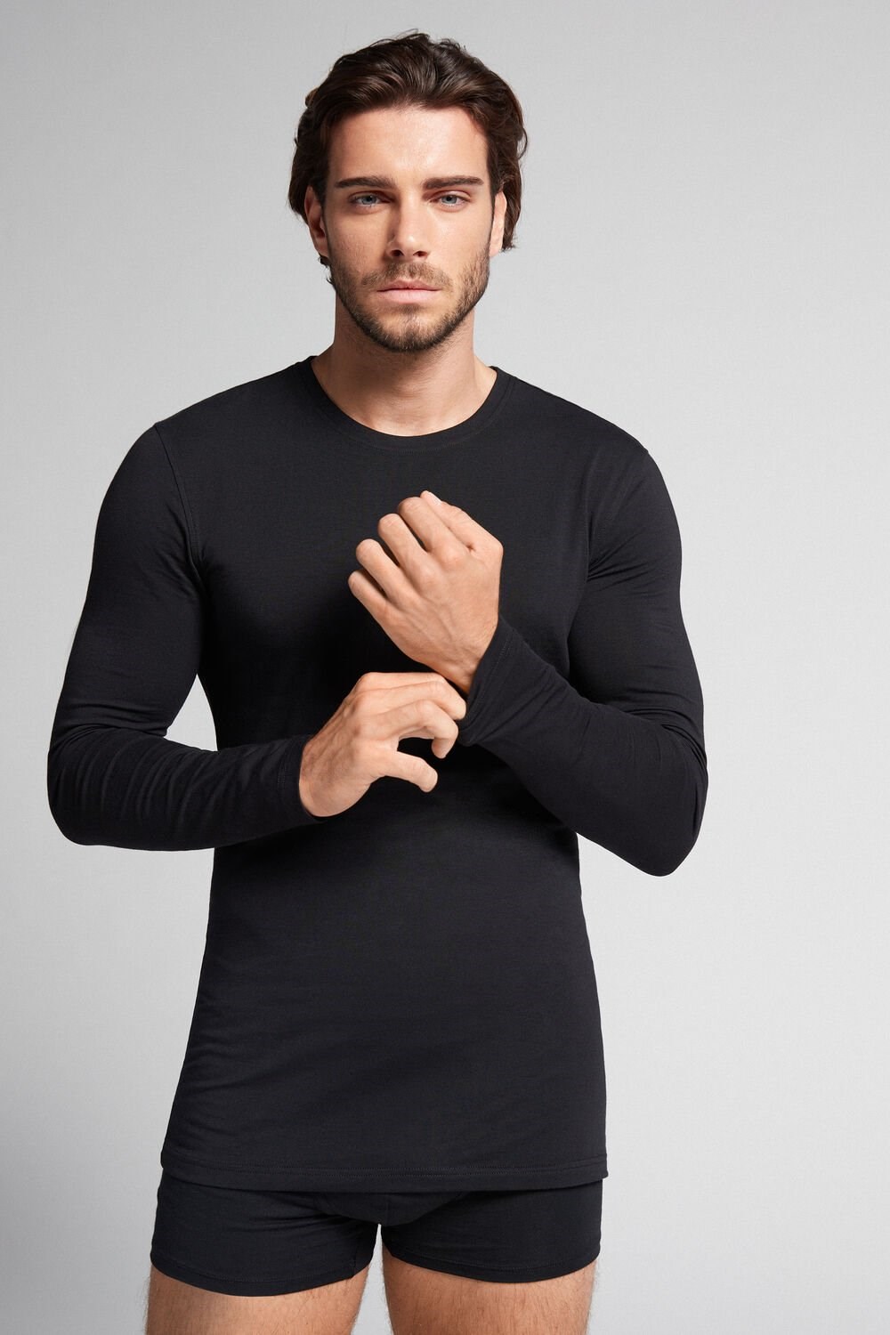 Black - 019 - Black Intimissimi Long-Sleeve Stretch Supima Cotton Top | CBEX-08516