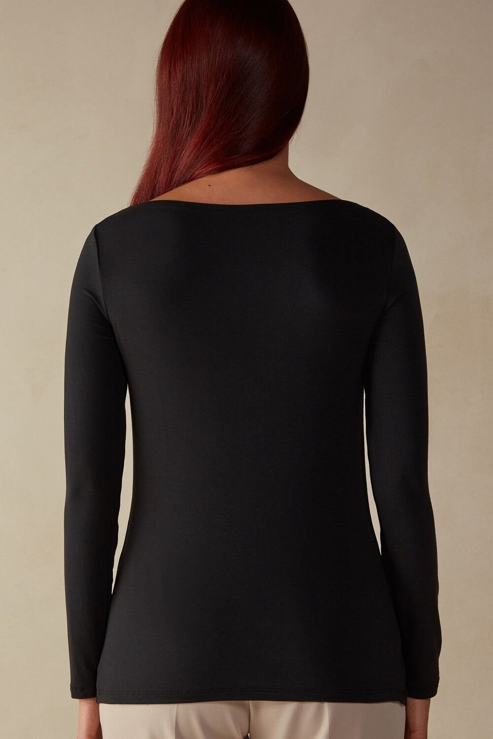 Black - 019 - Black Intimissimi Long Sleeve Bateau Neck Top in Micromodal | WRPB-97408