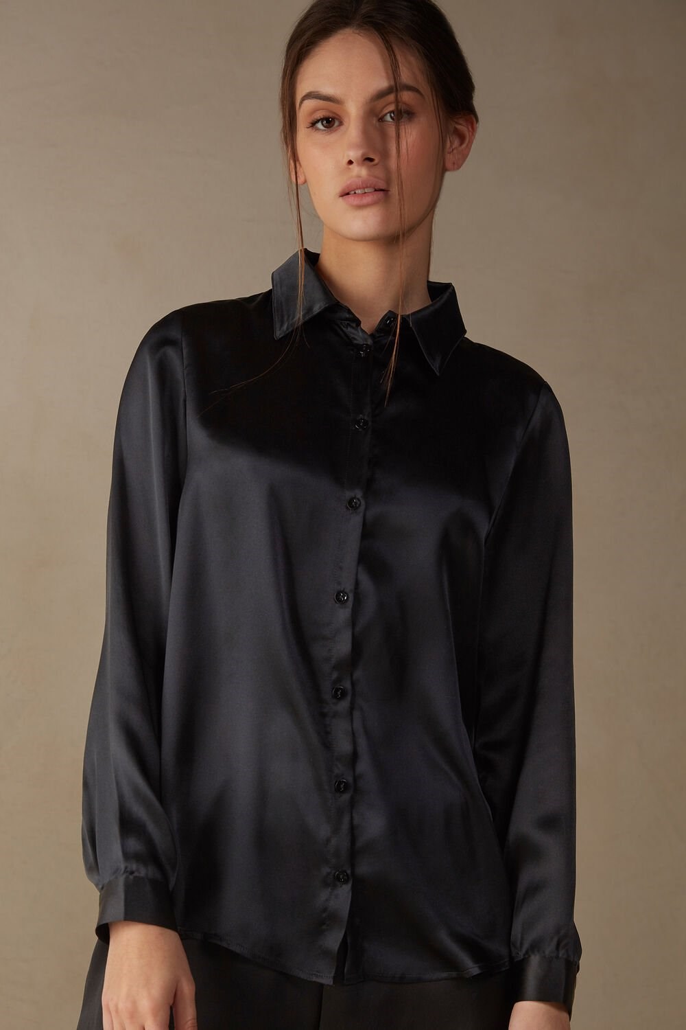 Black - 019 - Black Intimissimi Long Sleeve Silk Shirt | YNDQ-46087