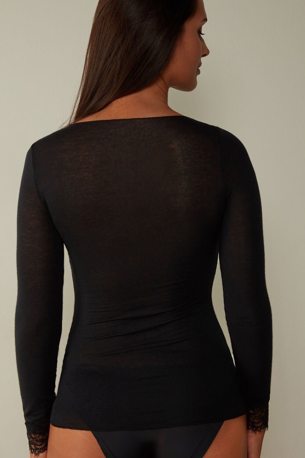 Black - 019 - Black Intimissimi Modal Cashmere Ultralight Long Lace Shirt | HBCT-05468