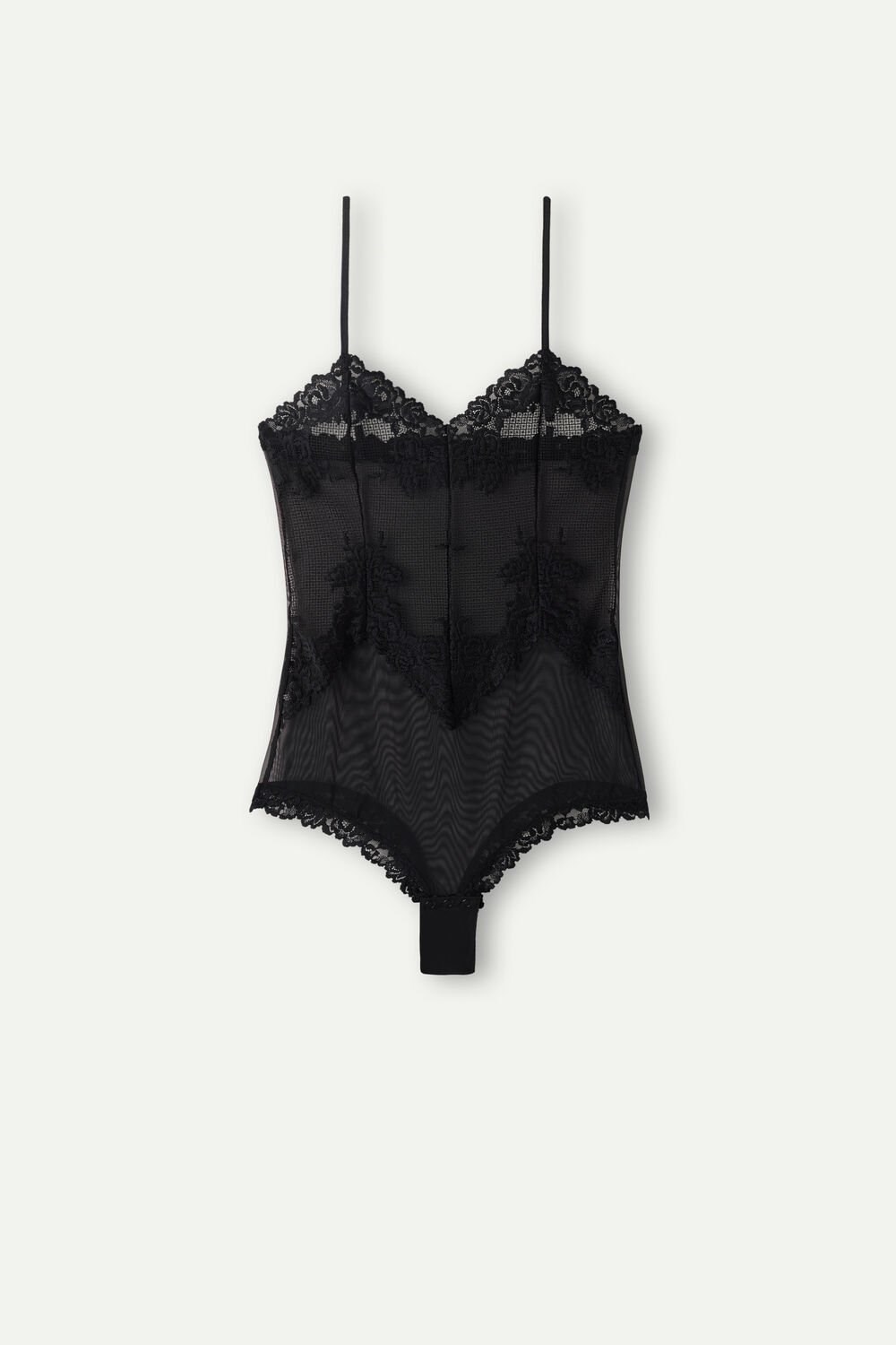 Black - 019 - Black Intimissimi Pretty Flowers Tulle and Lace Bodysuit | RPGQ-64052