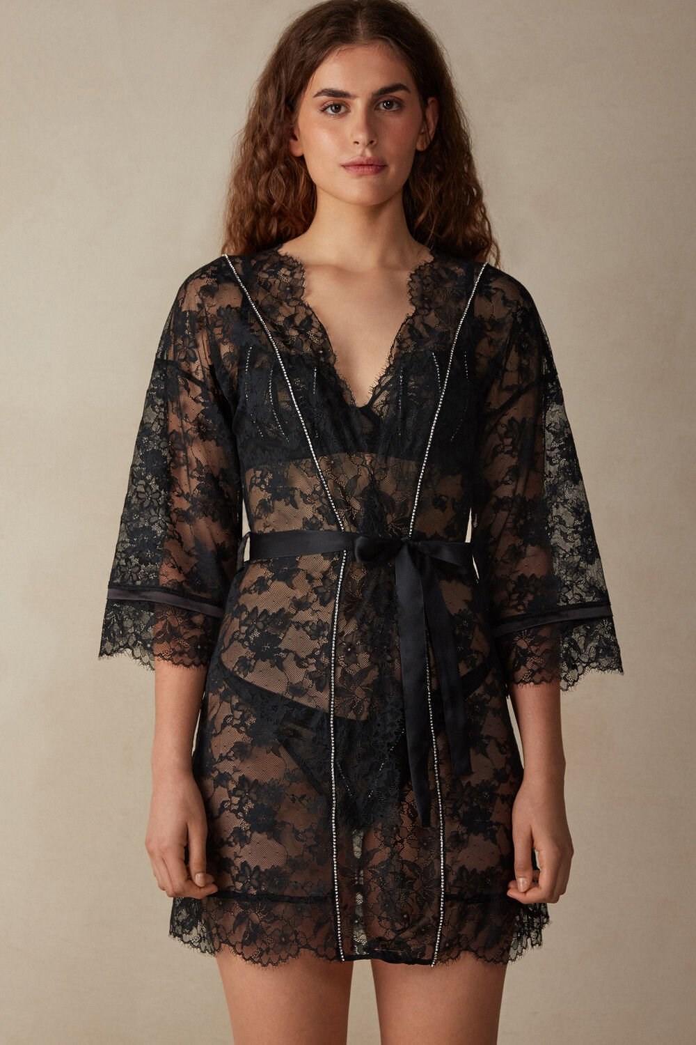 Black - 019 - Black Intimissimi Shine High Like Stars Lace Kimono | TDPU-54380