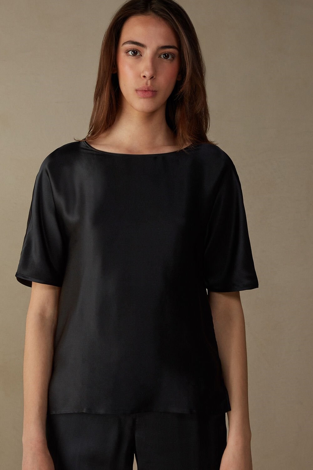 Black - 019 - Black Intimissimi Short Sleeve Silk and Modal Top | MPRS-87049