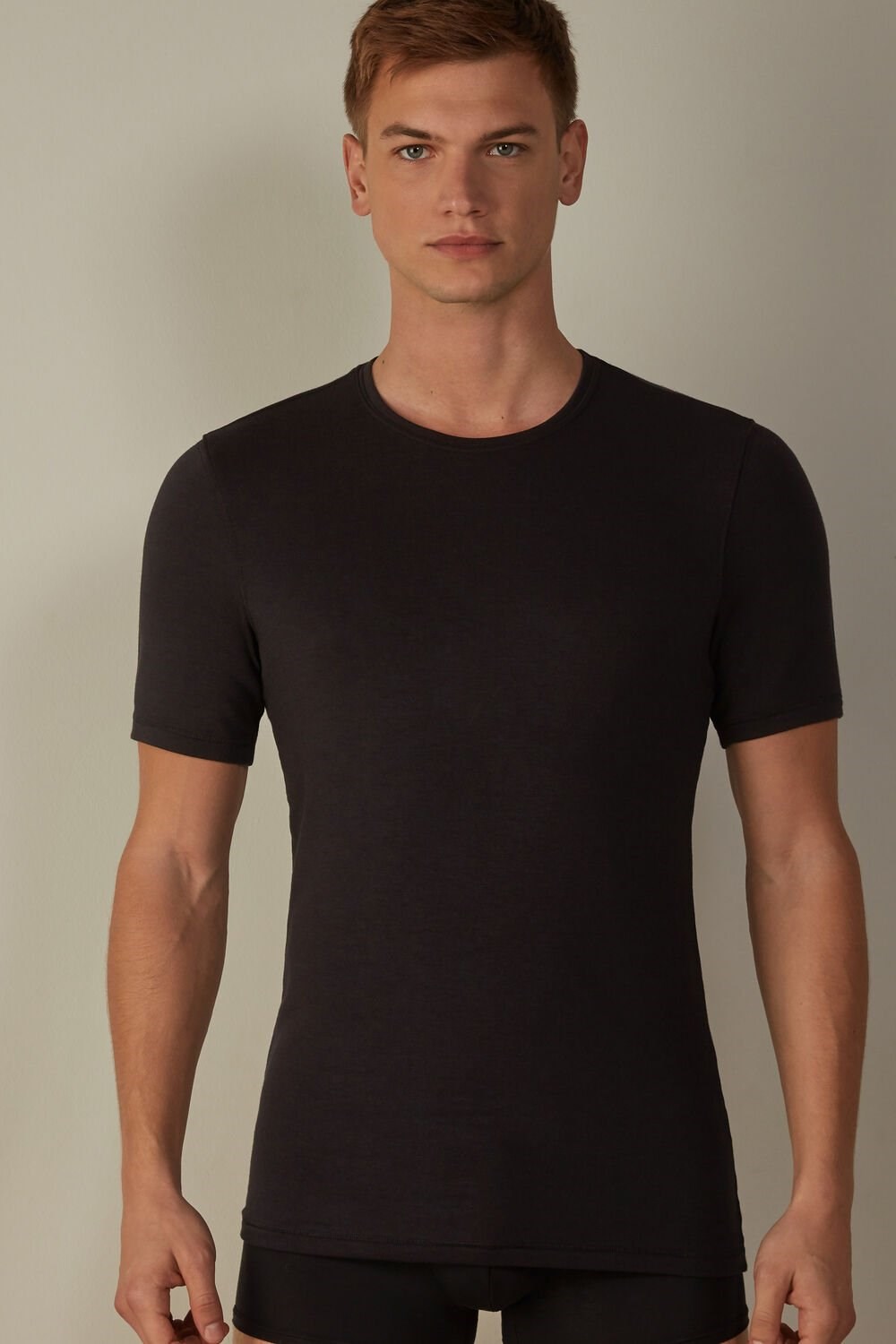 Black - 019 - Black Intimissimi Short-Sleeve Modal-Cashmere Top | RBVN-08519