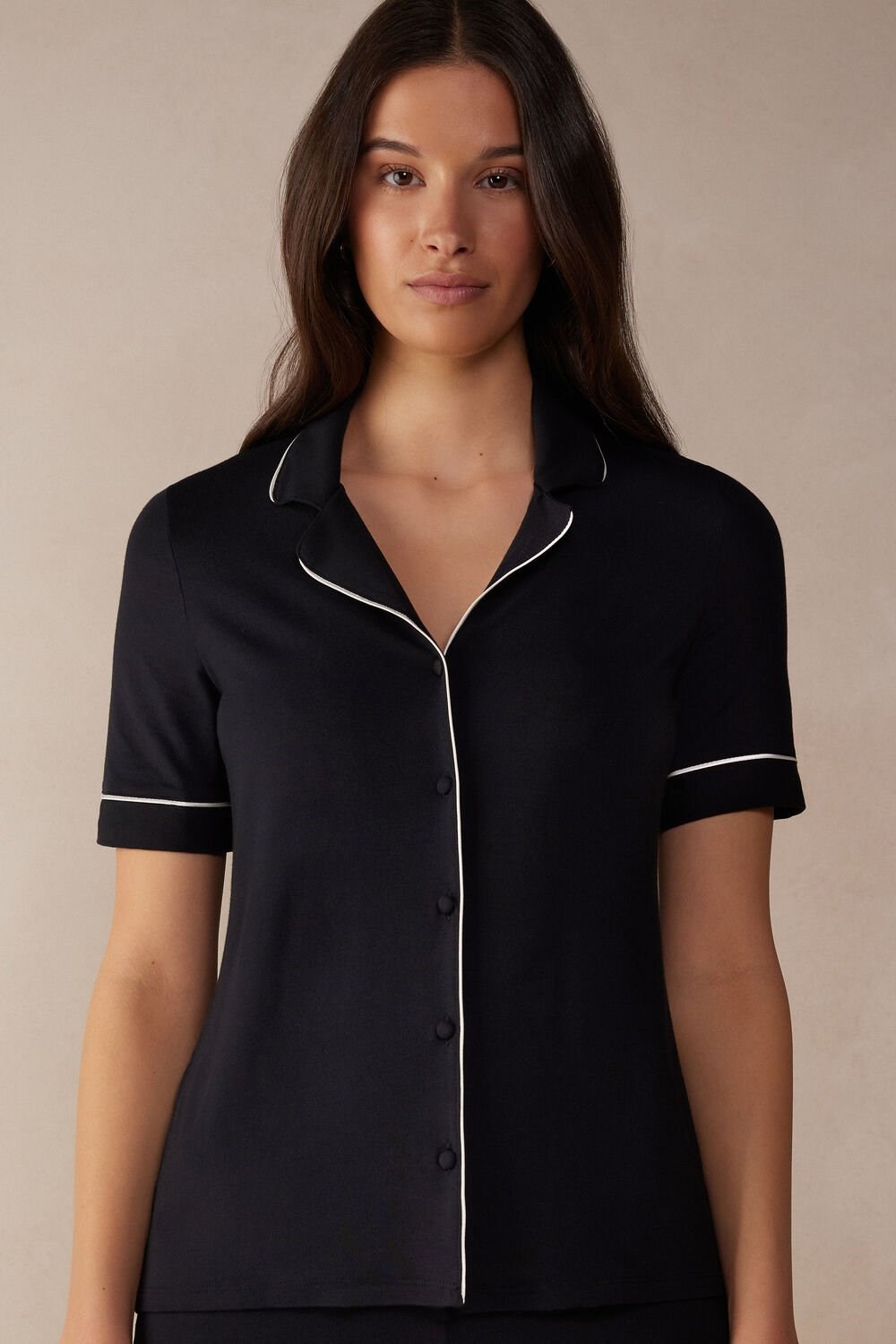 Black - 019 - Black Intimissimi Short Sleeve Button Up Shirt in Modal | TMRG-94063