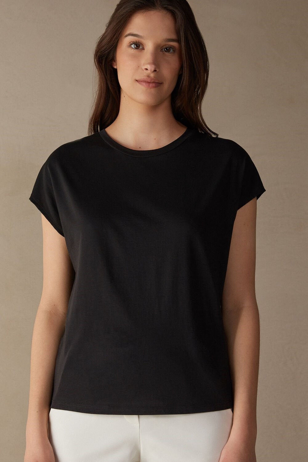 Black - 019 - Black Intimissimi Short Sleeve Crew Neck Top in Supima® Ultrafresh cotton | ZFAL-16784