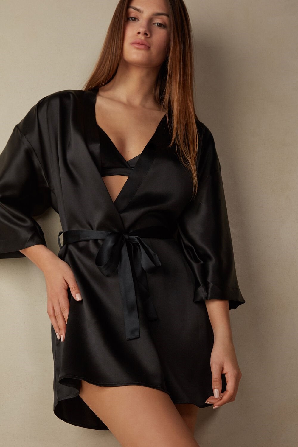 Black - 019 - Black Intimissimi Silk Kimono | ZJAG-53984