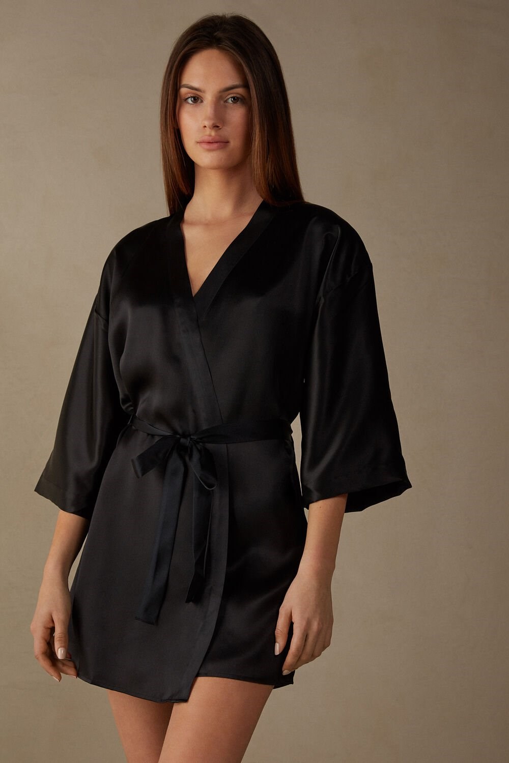 Black - 019 - Black Intimissimi Silk Kimono | ZJAG-53984