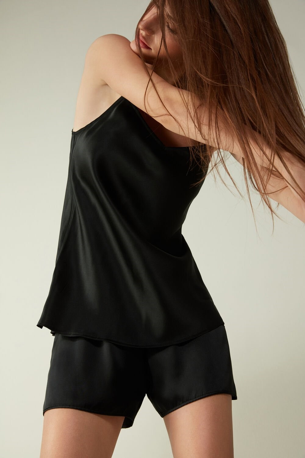 Black - 019 - Black Intimissimi Silk Satin Top with V-neckline | XGTA-58297