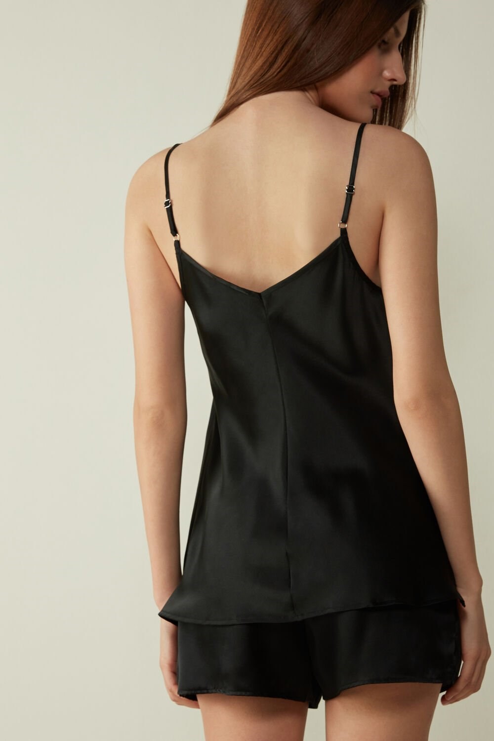 Black - 019 - Black Intimissimi Silk Satin Top with V-neckline | XGTA-58297