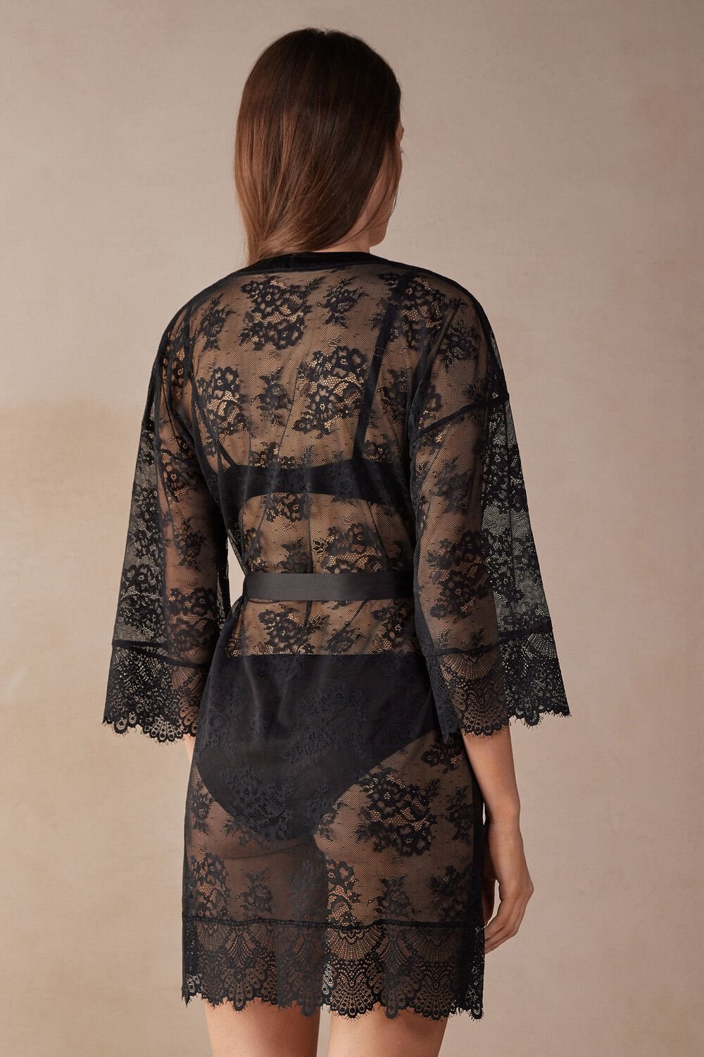 Black - 019 - Black Intimissimi Stunning Beauty Lace Robe | AOLE-98725