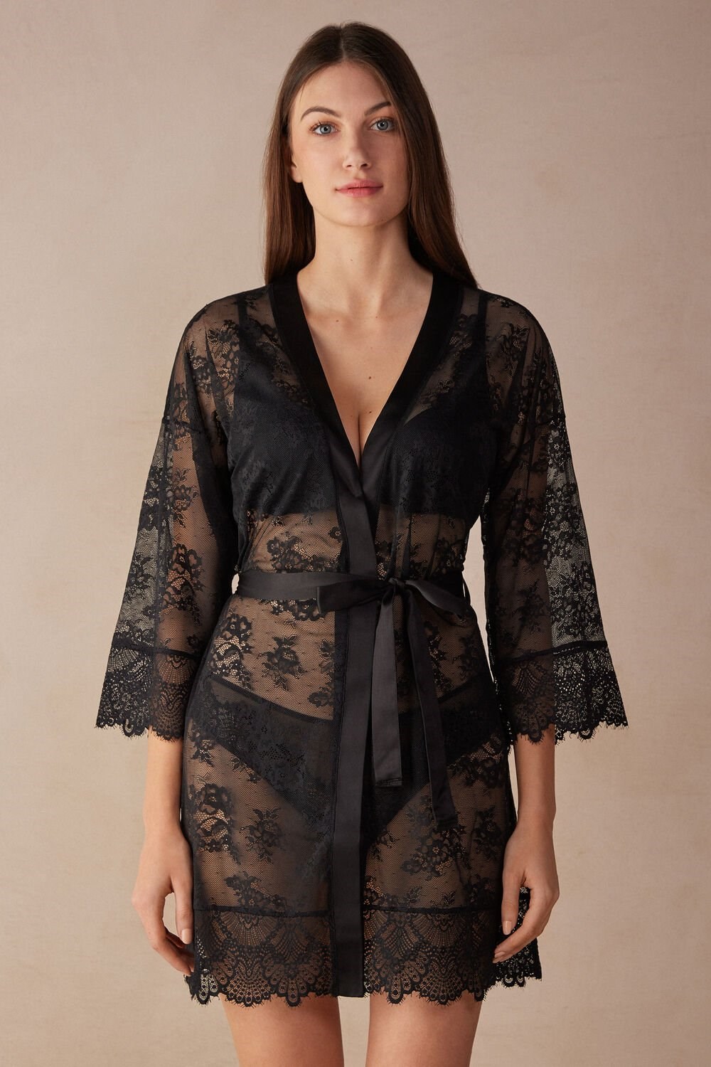 Black - 019 - Black Intimissimi Stunning Beauty Lace Robe | AOLE-98725