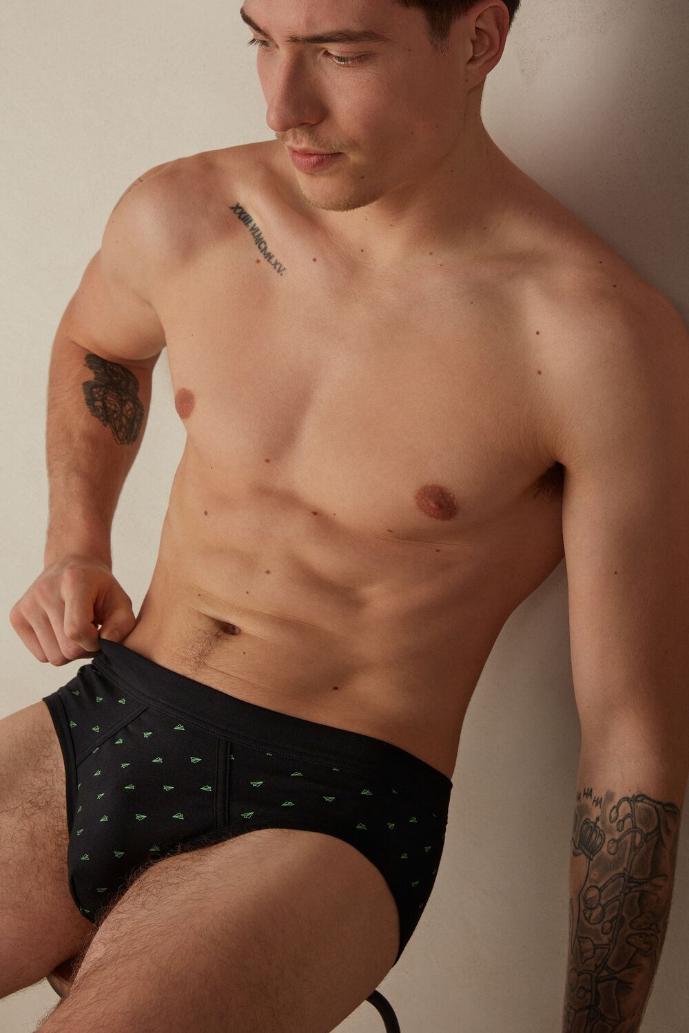 Black - 194j - Black Airmail Print Intimissimi Paper Plane Briefs in Stretch Supima® Cotton | GYDH-04769