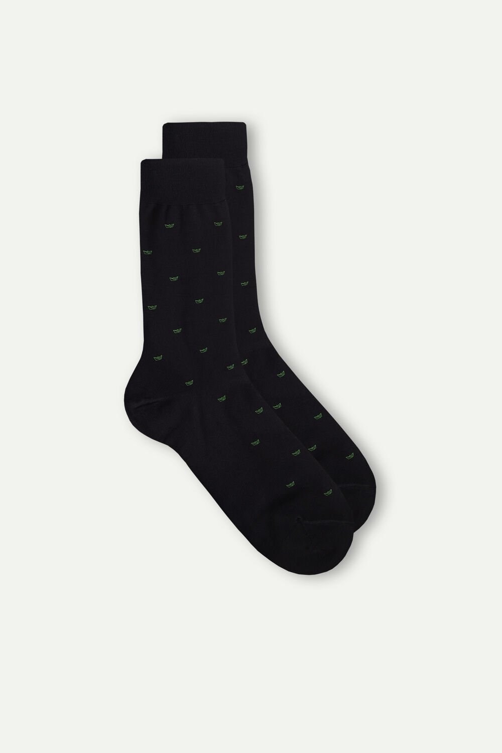 Black - 195j - Black Paper Boats Print Intimissimi Men’s Short Socks in Patterned Lisle Cotton | GKZY-42371