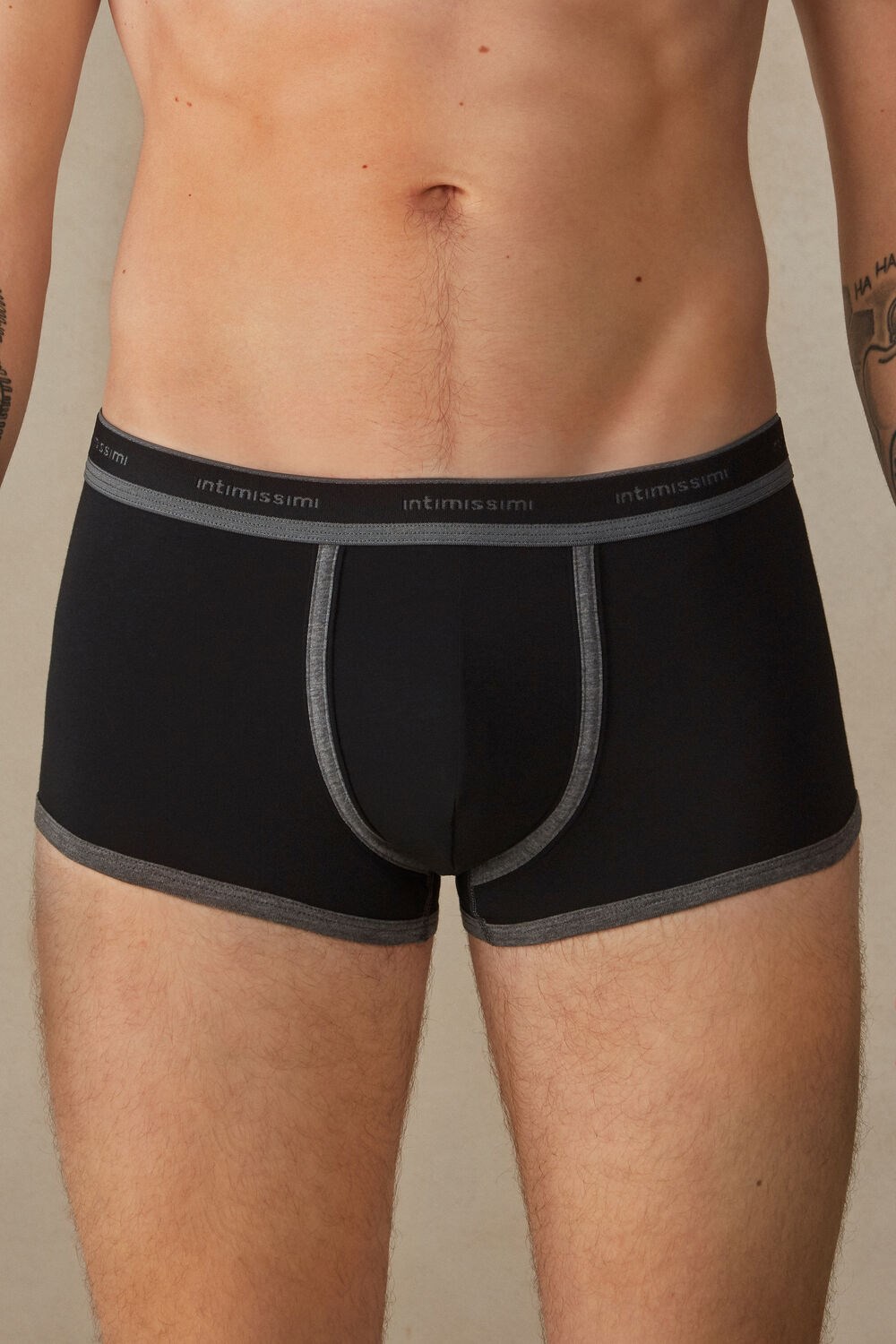 Black - 385i - Black / Graphite Blend Intimissimi Stretch Supima® Cotton Boxer Shorts with Logo Detail | NZMR-85217