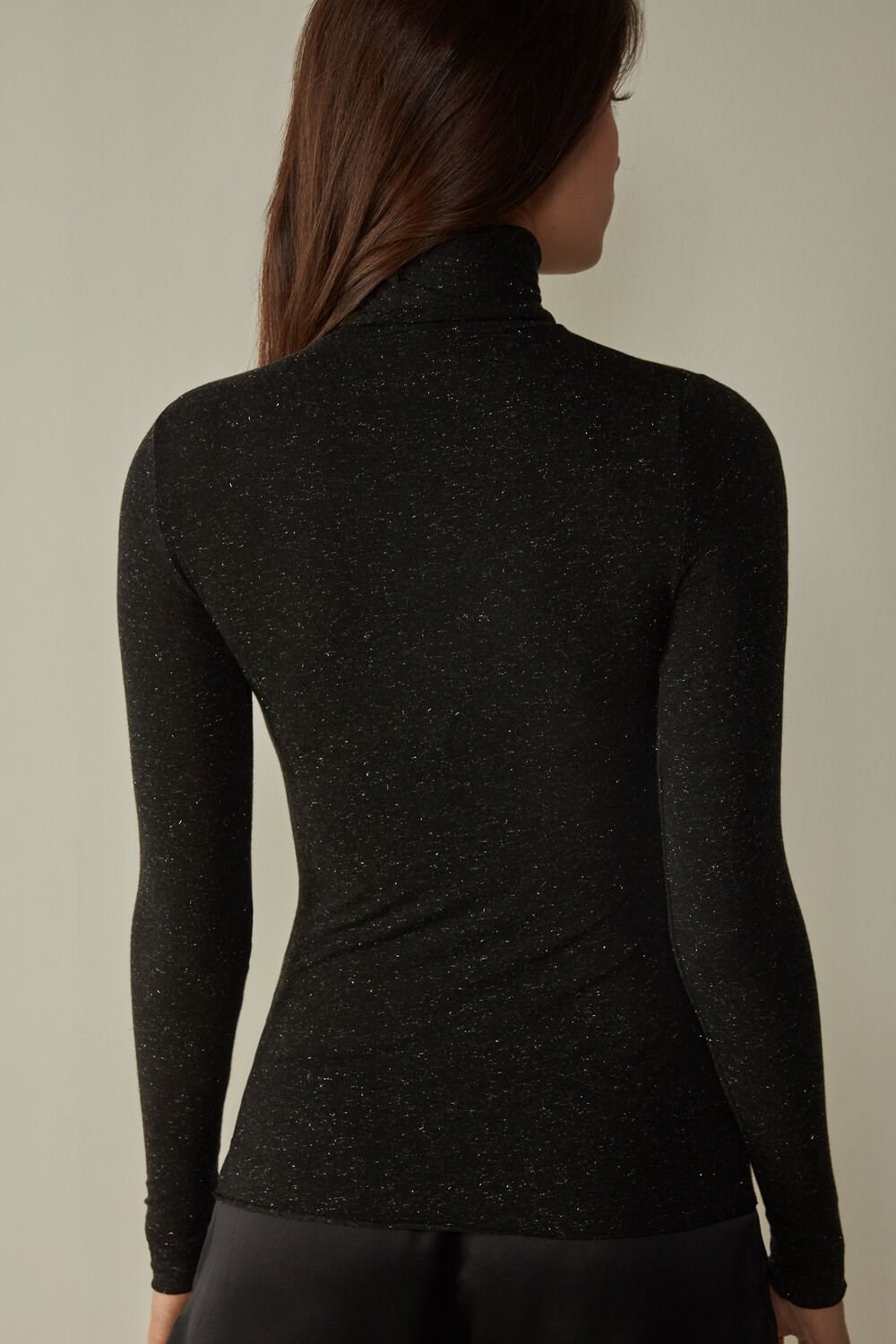 Black - 5079 - Black Lamé Intimissimi Turtleneck Top in Modal Light with Cashmere Lamé | KXAE-17420