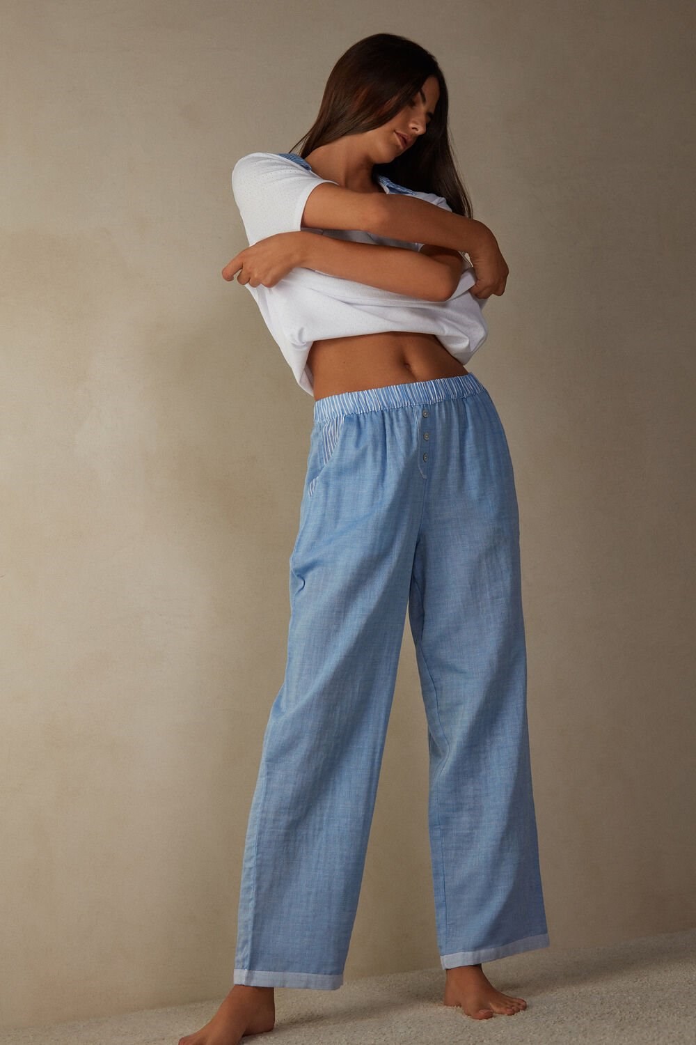 Blue - 006j - Light Blue Intimissimi Early in the Morning Cotton Cloth Pants | ESFR-53612