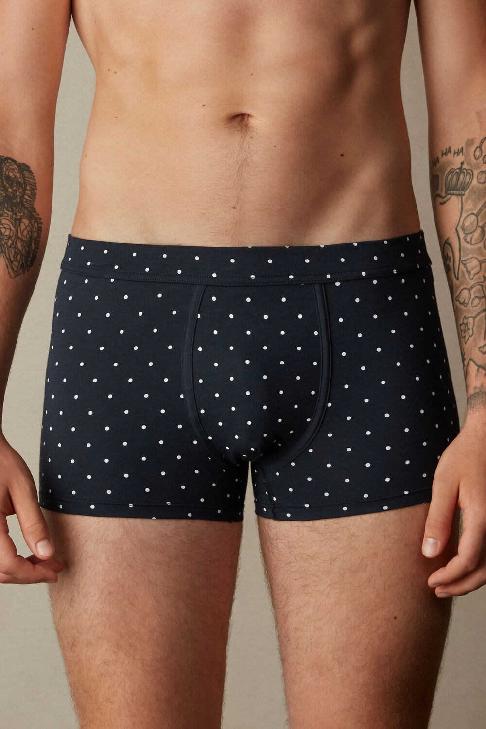 Blue - 049j - Midnight Blue Dot Print Intimissimi Dotted Boxers in Stretch Supima® Cotton | DKFI-42579