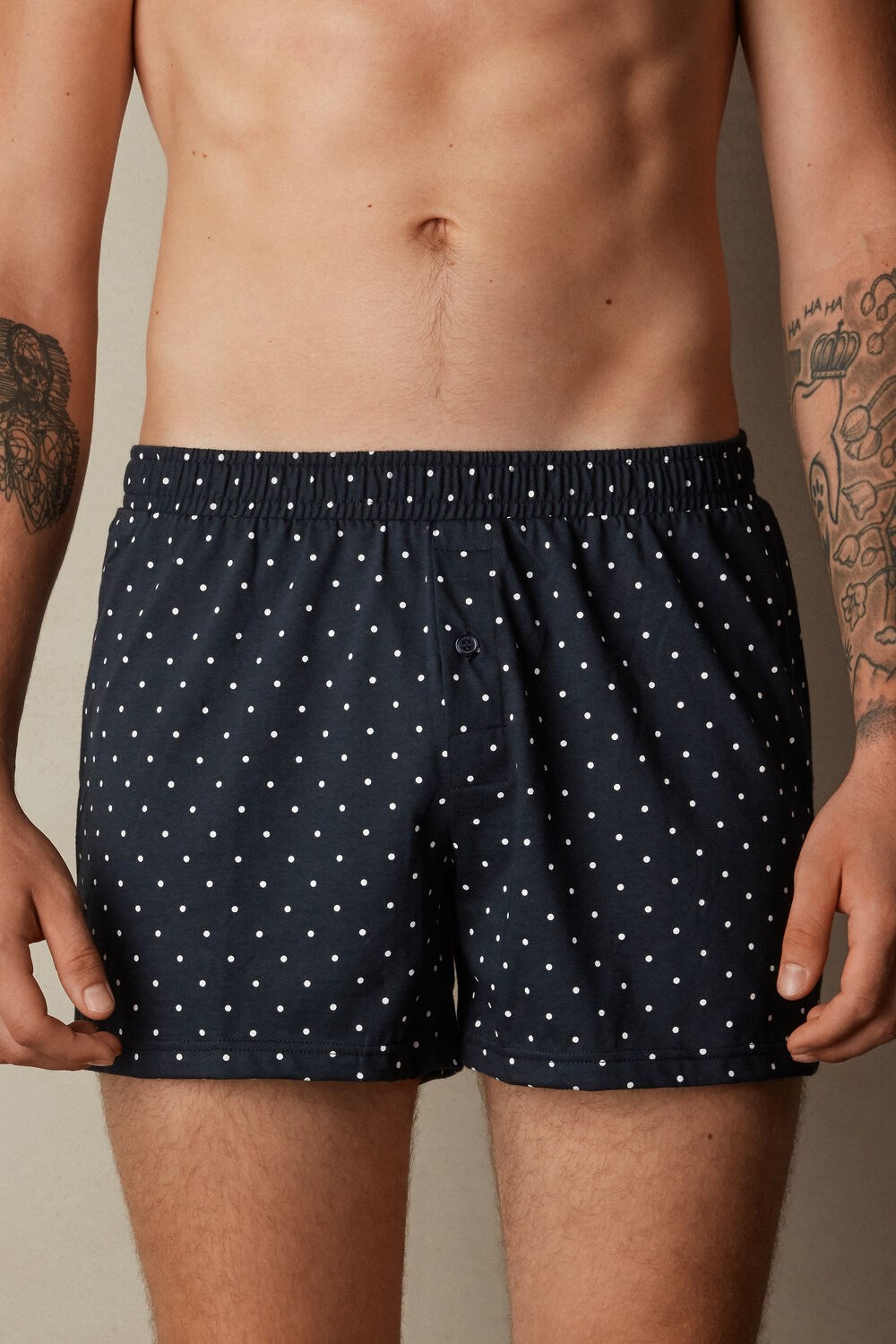 Blue - 049j - Midnight Blue Dot Print Intimissimi Patterned Cotton Jersey Relaxed Fit Boxers | JAVN-85123