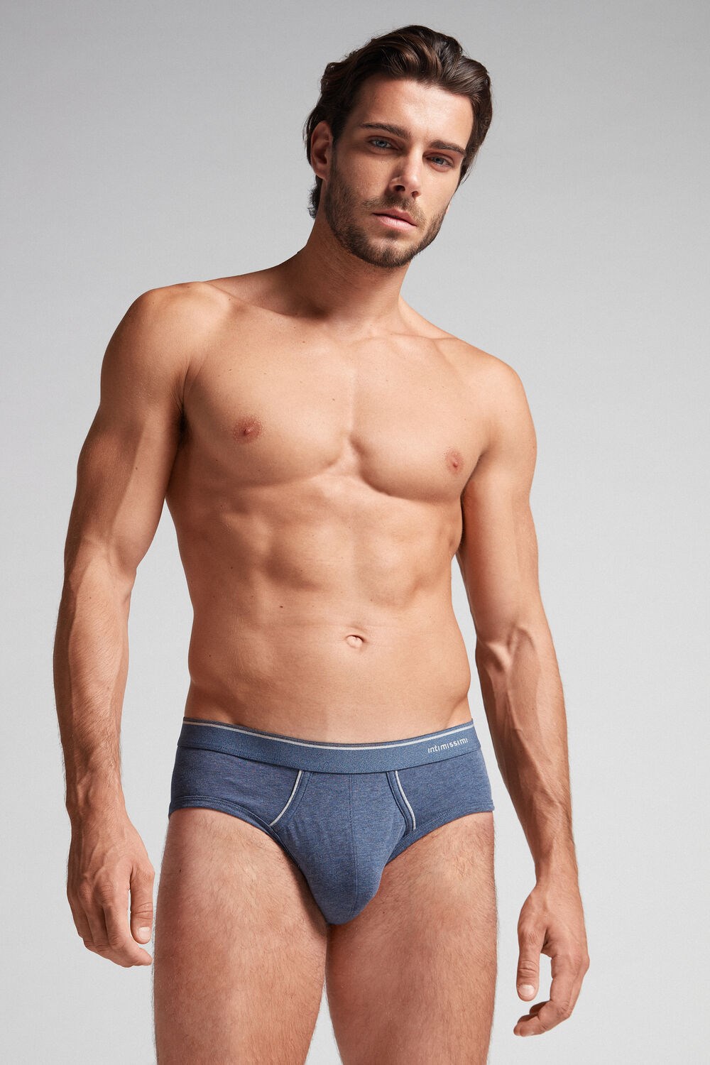 Blue - 081i - Denim Blue Blend / Light Grey Blend Intimissimi Supima Cotton Briefs with Visible Elastic | HIFD-61390