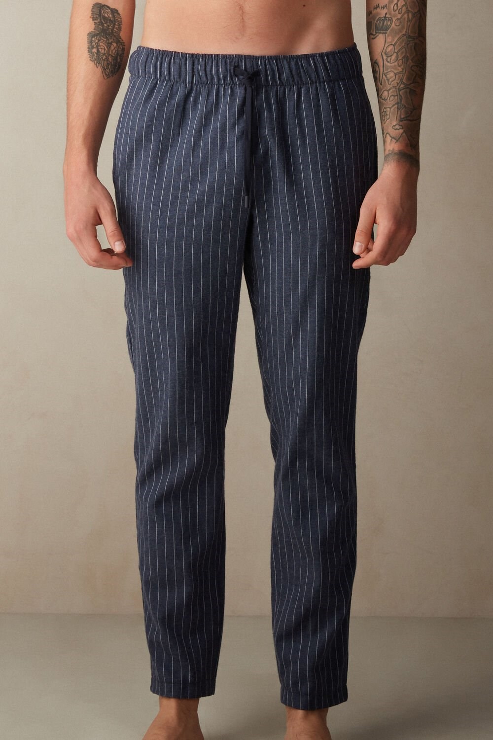 Blue - 091j - Denim Blue Heather Pinstripe Intimissimi Full Length Pants in Denim Pinstripe Patterned Brushed Cloth | DSRV-32581