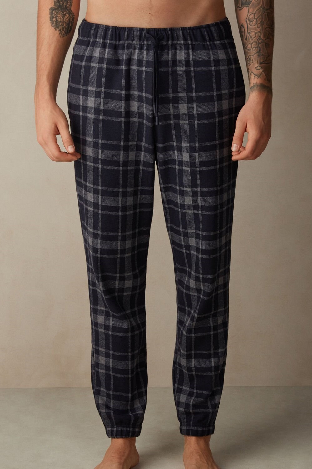 Blue - 097j - Graphite Grey Heather / Midnight Blue Intimissimi Check Tricot Full Length Pants | YKVO-46275