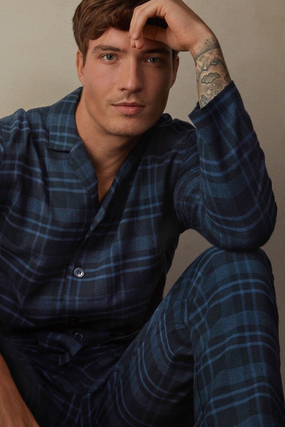 Blue - 102j - Denim Blue Check Print Intimissimi Full Length Pajamas in Brushed Blue Check Patterned Cloth | GKJO-35714