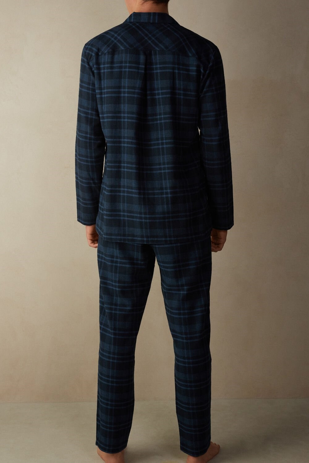 Blue - 102j - Denim Blue Check Print Intimissimi Full Length Pajamas in Brushed Blue Check Patterned Cloth | GKJO-35714