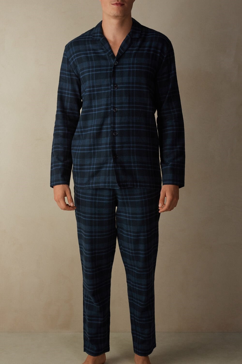 Blue - 102j - Denim Blue Check Print Intimissimi Full Length Pajamas in Brushed Blue Check Patterned Cloth | GKJO-35714