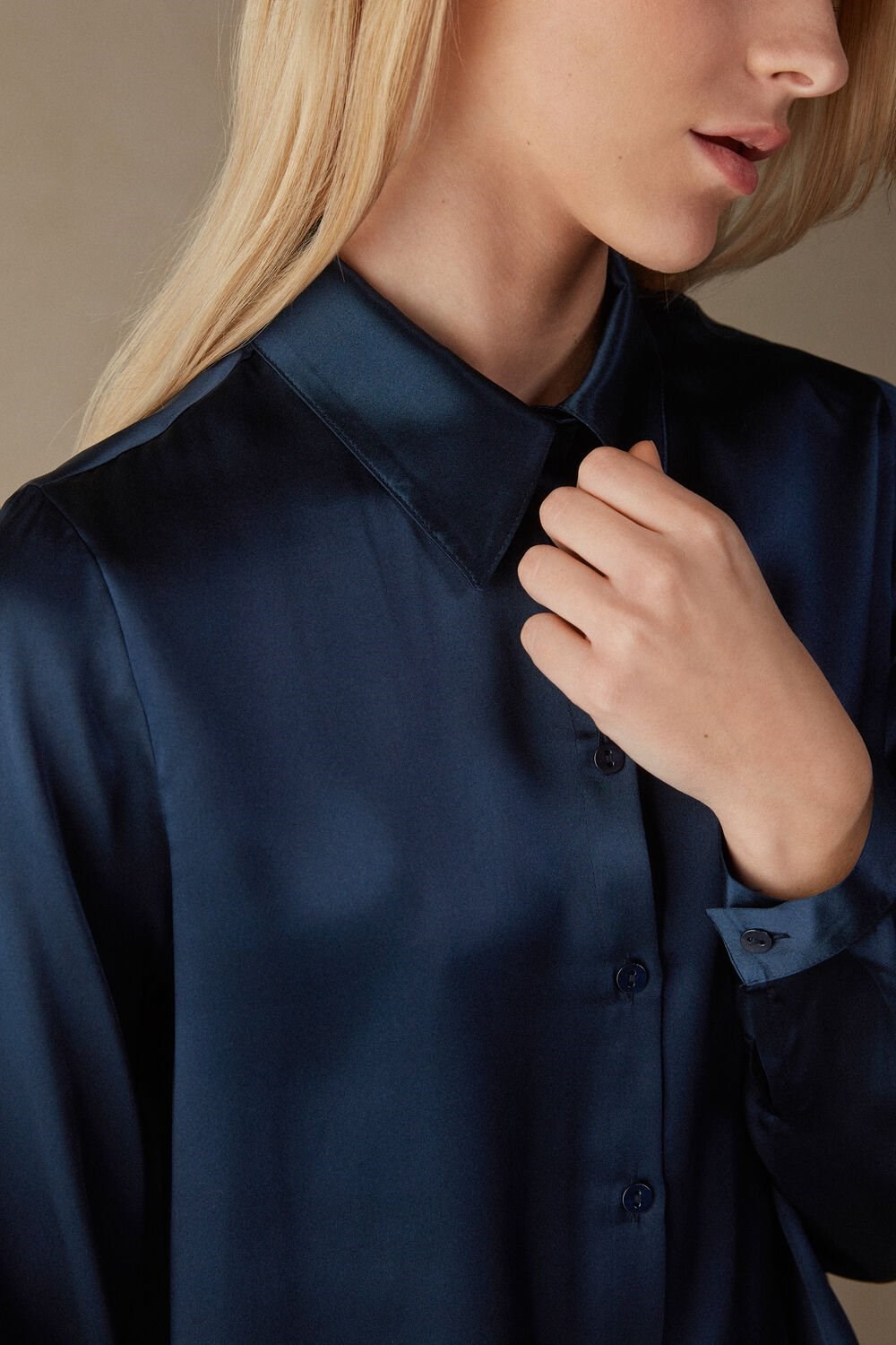 Blue - 1467 - Intense Blue Intimissimi Long Sleeve Silk Shirt | ASPM-10846