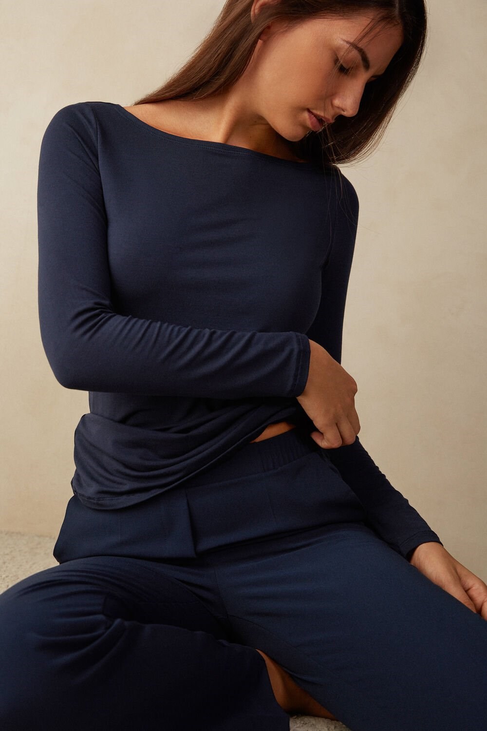 Blue - 1467 - Intense Blue Intimissimi Long Sleeve Bateau Neck Top in Micromodal | EDRB-64381