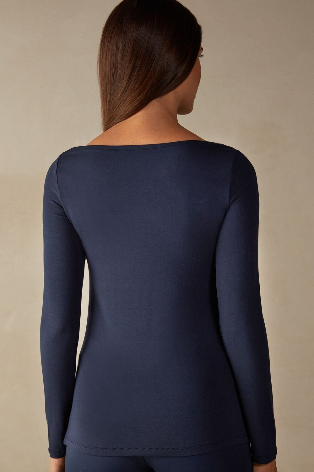 Blue - 1467 - Intense Blue Intimissimi Long Sleeve Bateau Neck Top in Micromodal | EDRB-64381